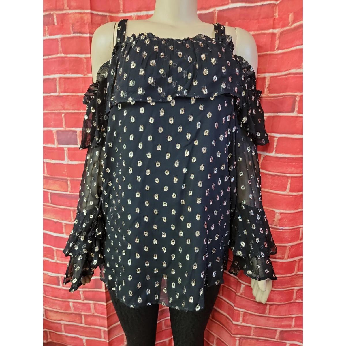 Loft Black Gold Xl Cold Shoulders Women's Top Blouse Ruffled Nwt #11